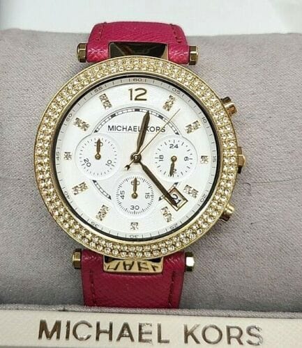 Michael Kors Parker Chronograph White Dial Pink Leather Strap Watch for Women - MK2297