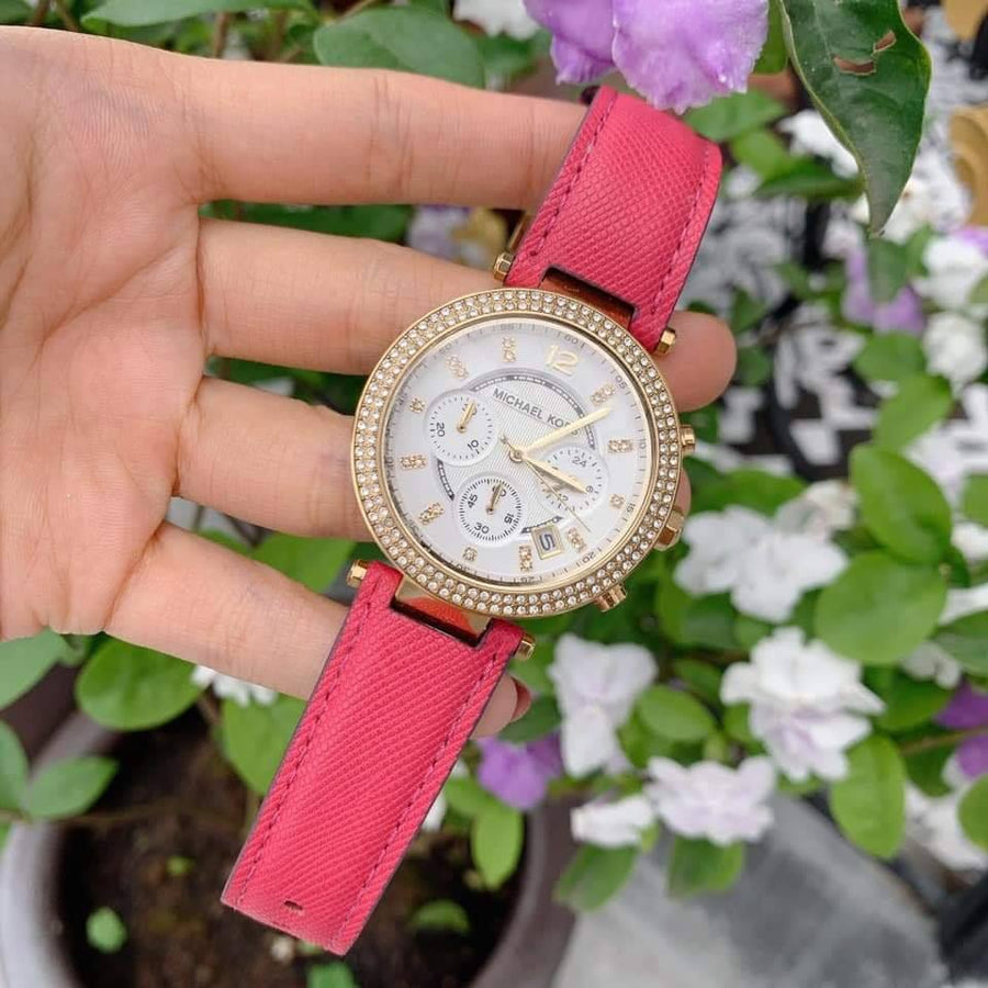 Michael Kors Parker Chronograph White Dial Pink Leather Strap Watch for Women - MK2297