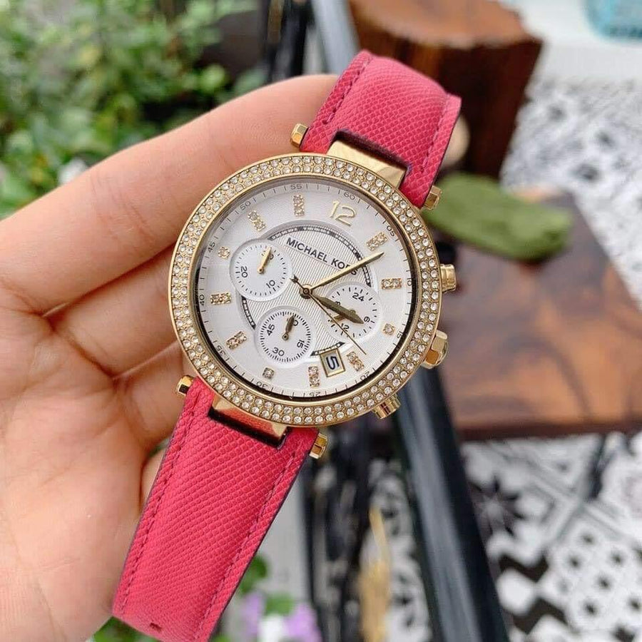 Michael Kors Parker Chronograph White Dial Pink Leather Strap Watch for Women - MK2297