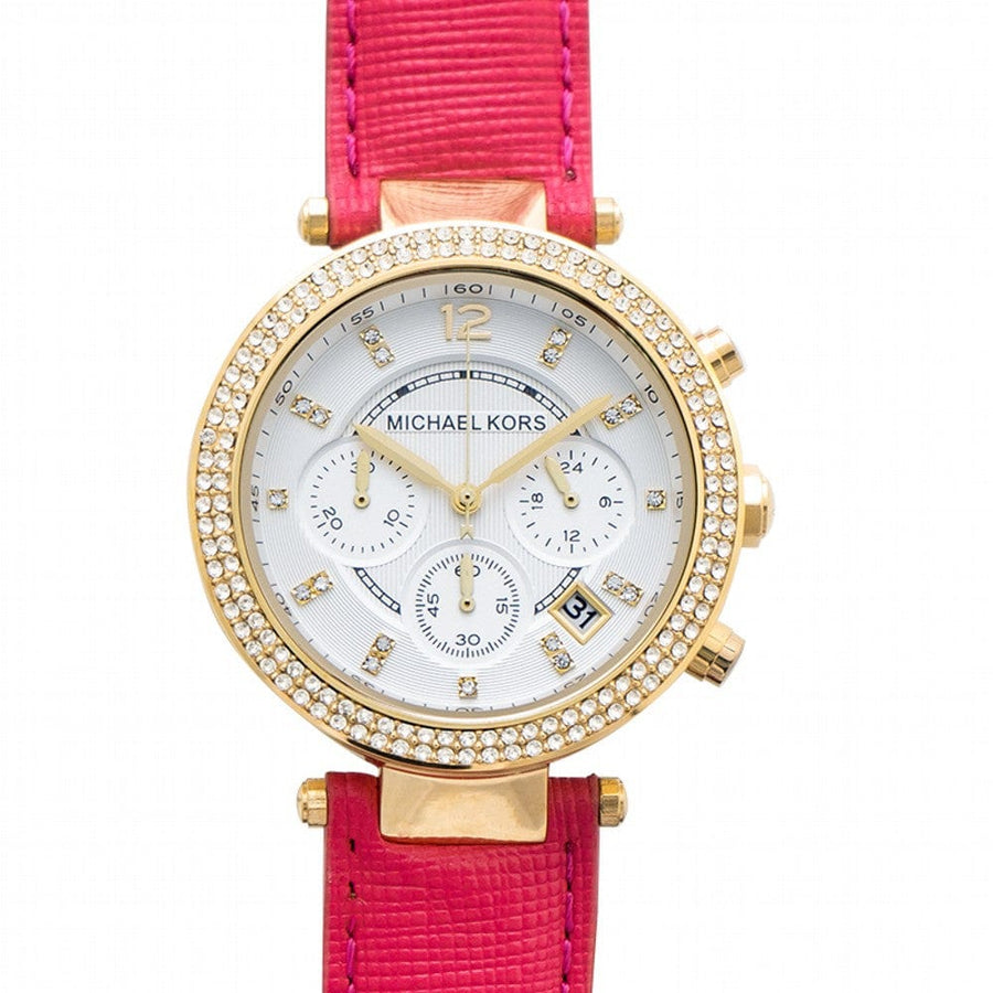 Michael Kors Parker Chronograph White Dial Pink Leather Strap Watch for Women - MK2297