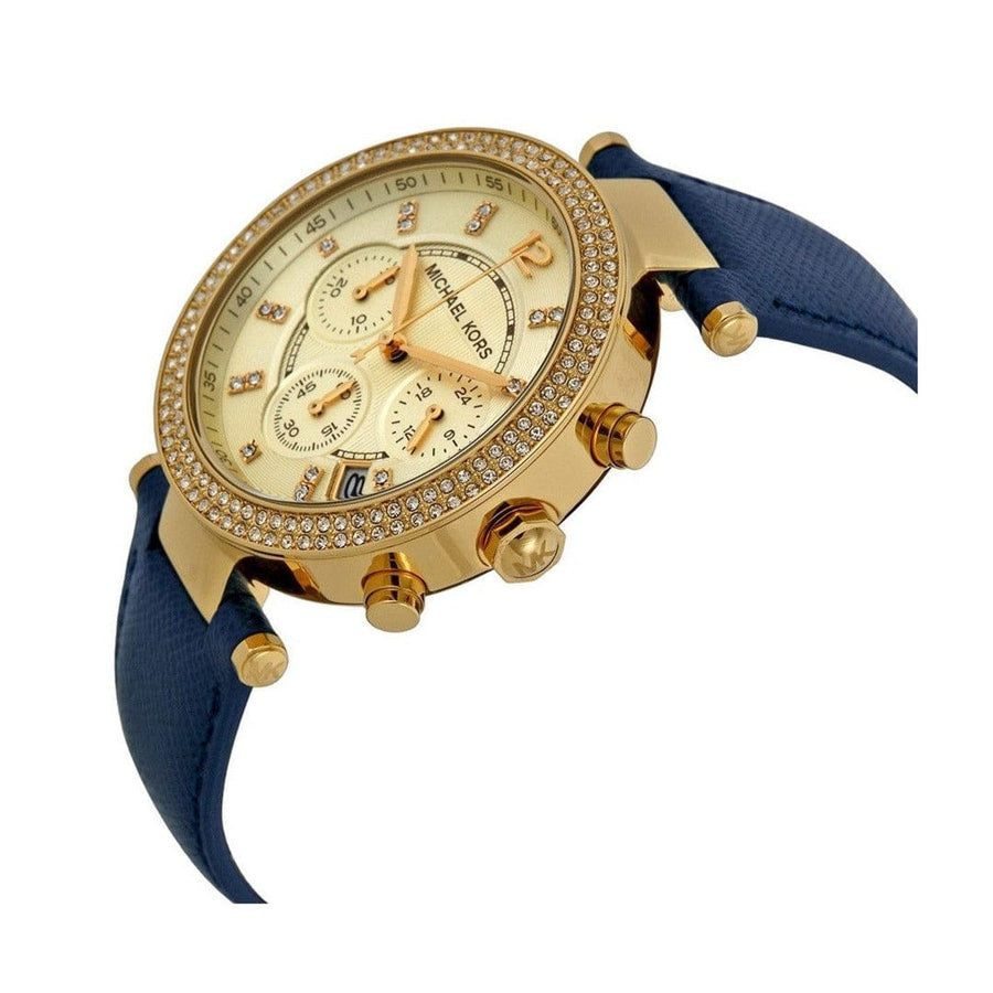 Michael Kors Parker Gold Dial Blue Leather Strap Watch for Women - MK2280