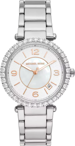 Michael Kors Parker Three Hand Mother of Pearl White Dial Silver Steel Strap Watch For Women - MK4694