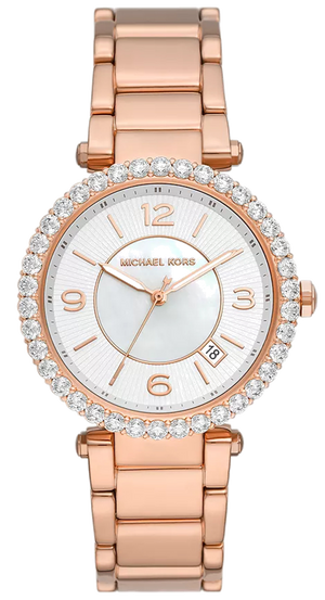 Michael Kors Parker Three-Hand Mother of Pearl White Dial Rose Gold Steel Strap Watch For Women - MK4695