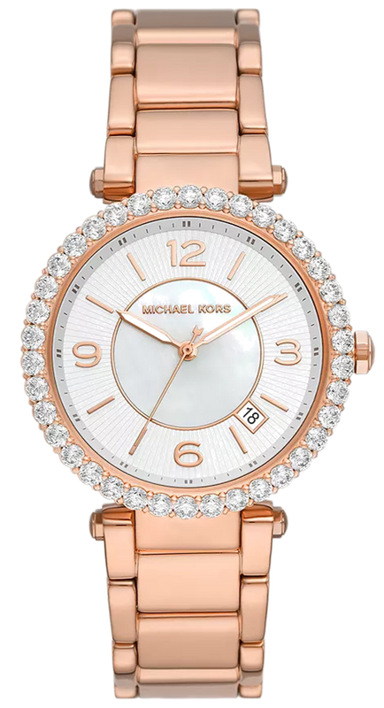 Michael Kors Parker Three-Hand Mother of Pearl White Dial Rose Gold Steel Strap Watch For Women - MK4695