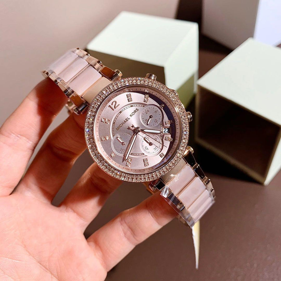 Michael Kors Parker Pink Dial Two Tone Steel Strap Watch for Women - MK5896