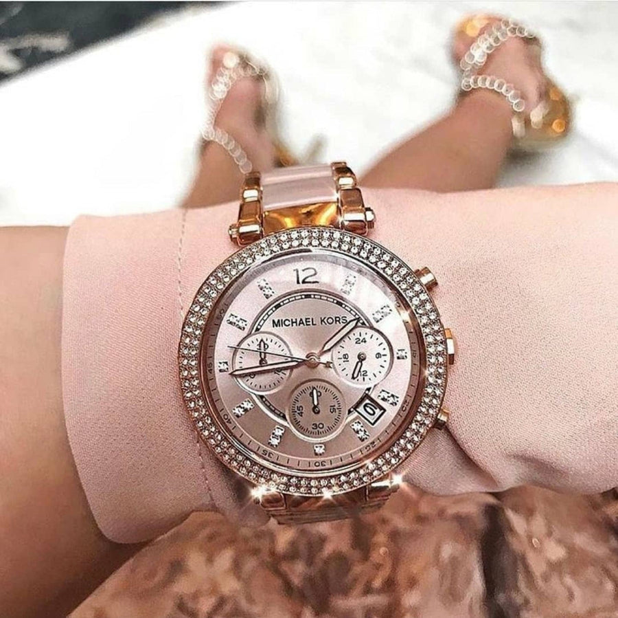 Michael Kors Parker Pink Dial Two Tone Steel Strap Watch for Women - MK6110