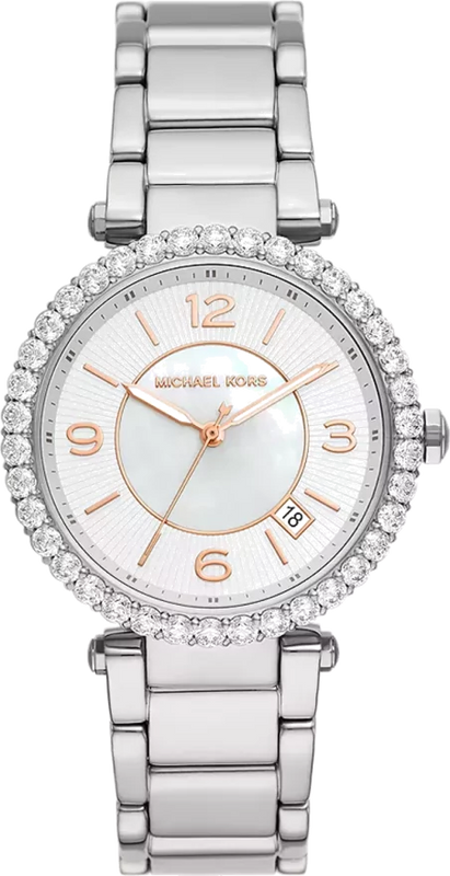 Michael Kors Parker Three Hand Mother of Pearl White Dial Silver Steel Strap Watch For Women - MK4694