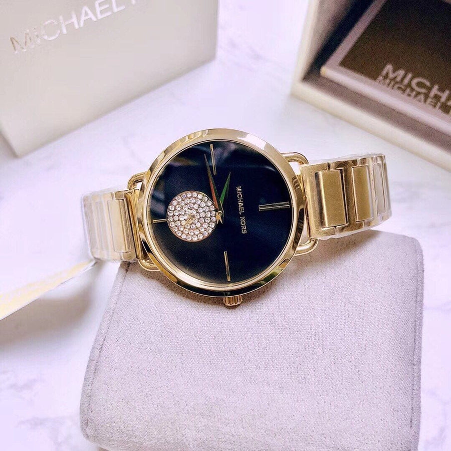 Michael Kors Portia Black Dial Gold Steel Strap Watch for Women - MK3788