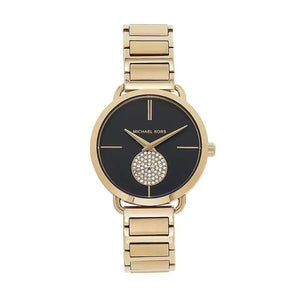 Michael Kors Portia Black Dial Gold Steel Strap Watch for Women - MK3788