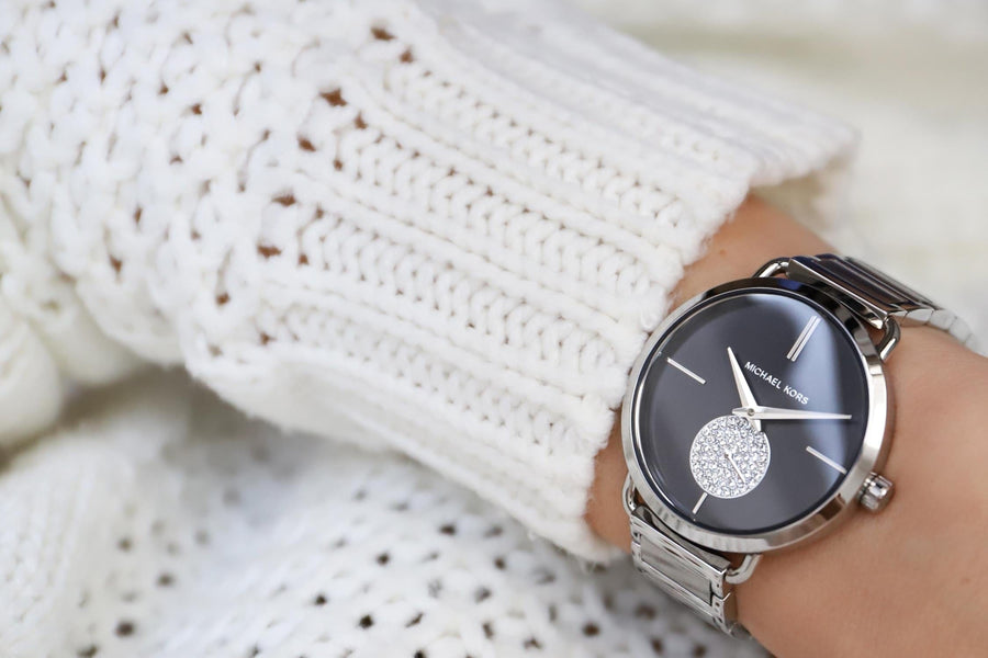 Michael Kors Portia Black Dial Silver Steel Strap Watch for Women - MK3638