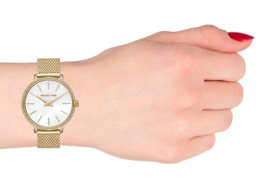 Michael Kors Pyper Quartz Mother of Pearl White Dial Gold Mesh Bracelet Watch For Women - MK4619
