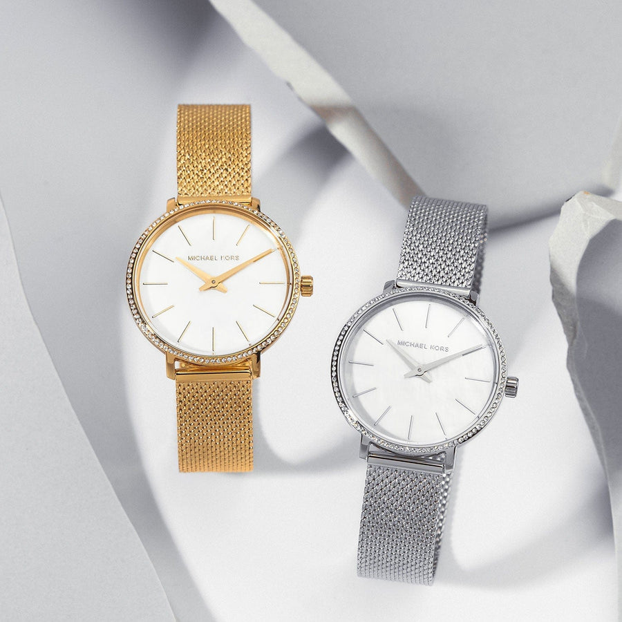 Michael Kors Pyper Quartz Mother of Pearl White Dial Gold Mesh Bracelet Watch For Women - MK4619