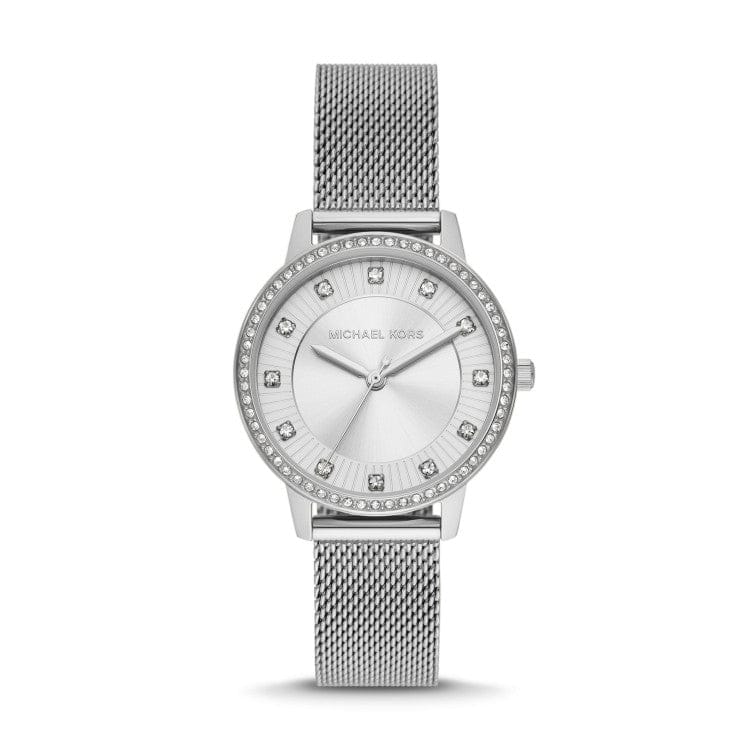 Michael Kors Quartz Crystals White Dial Silver Mesh Strap Watch for Women - MKO1013