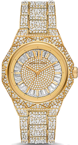 Michael Kors Raquel Three Hand Crystals Gold Dial Gold Steel Strap Watch For Women - MK7398