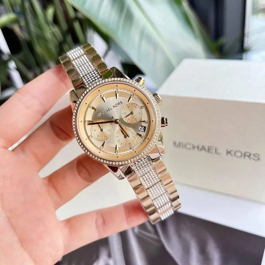 Michael Kors Ritz Chronograph Gold Dial Gold Steel Strap Watch For Women - MK6484