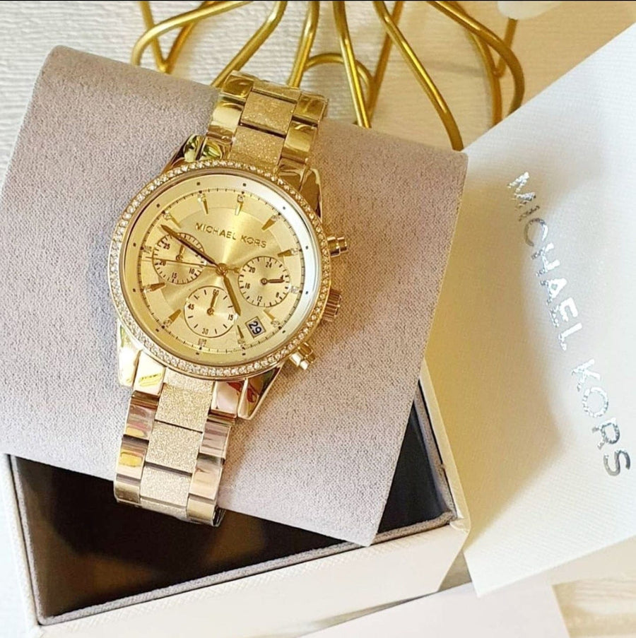 Michael Kors Ritz Chronograph Gold Dial Gold Steel Strap Watch For Women - MK6597