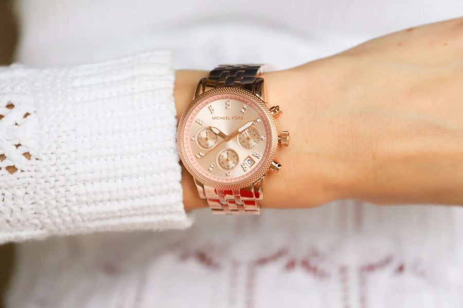 Michael Kors Ritz Chronograph Rose Gold Dial Rose Gold Steel Strap Watch for Women - MK6077