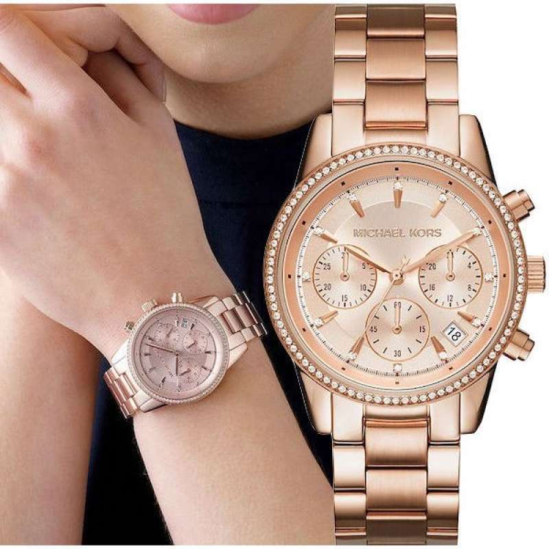 Michael Kors Ritz Chronograph Rose Gold Dial Rose Gold Steel Strap Watch for Women - MK6357