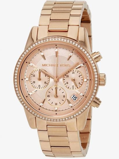 Michael Kors Ritz Chronograph Rose Gold Dial Rose Gold Steel Strap Watch for Women - MK6357