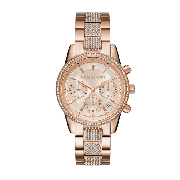 Michael Kors Ritz Chronograph Rose Gold Dial Rose Gold Steel Strap Watch For Women - MK6485