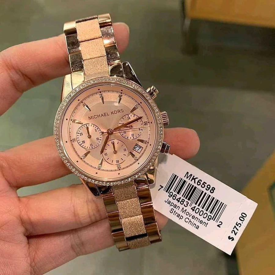 Michael Kors Ritz Chronograph Rose Gold Dial Rose Gold Steel Strap Watch For Women - MK6598