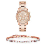 Michael Kors Ritz Chronograph Rose Gold Dial Rose Gold Steel Strap Watch For Women - MK6598