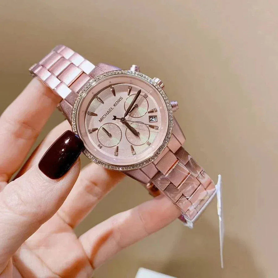 Michael Kors Ritz Chronograph Rose Gold Dial Rose Gold Steel Strap Watch For Women - MK6753