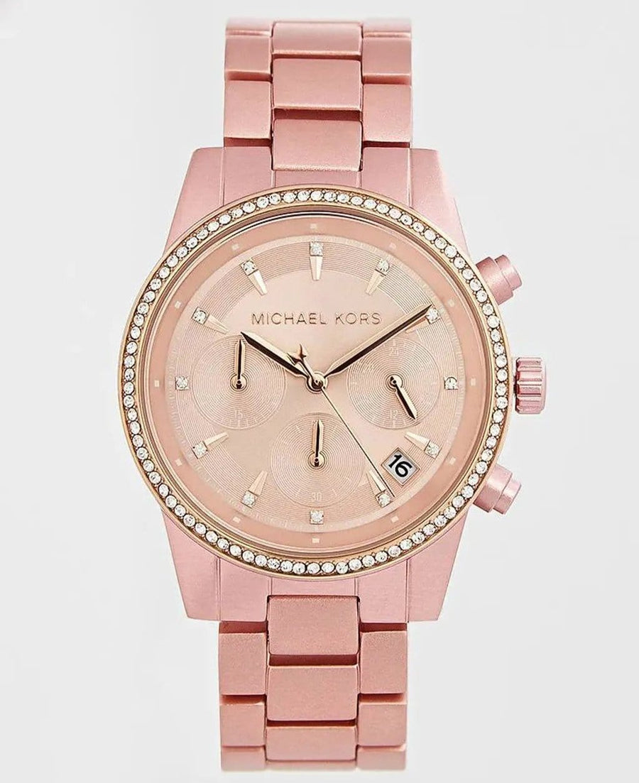 Michael Kors Ritz Chronograph Rose Gold Dial Rose Gold Steel Strap Watch For Women - MK6753
