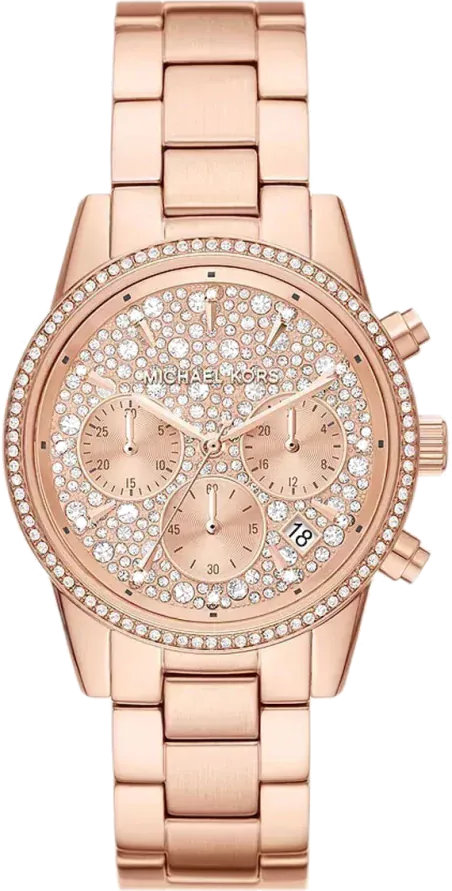 Michael Kors Ritz Chronograph Rose Gold Dial Rose Gold Steel Strap Watch For Women - MK7302