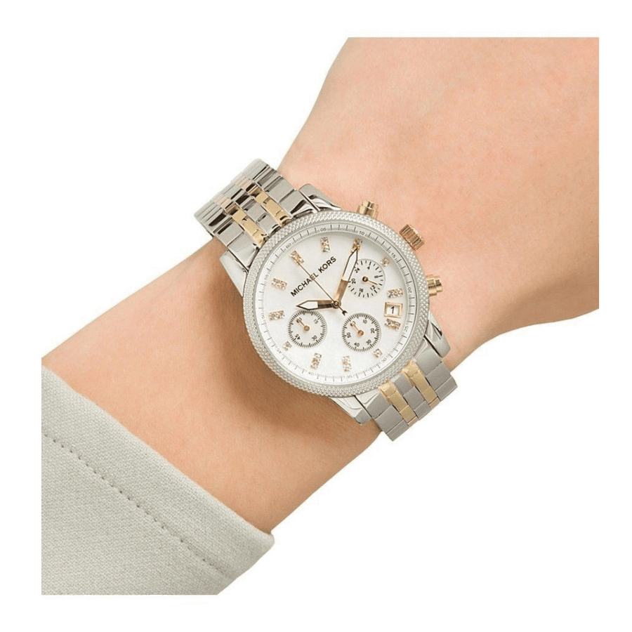 Michael Kors Ritz Chronograph White Dial Two Tone Steel Strap Watch for Women - MK5057