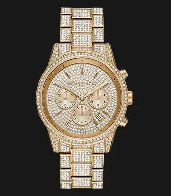 Michael Kors Ritz Three-Hand Glitz Crystals Gold Dial Gold Steel Strap Watch for Women - MK6747
