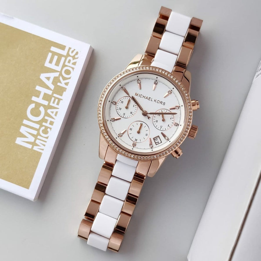 Michael Kors Ritz White Dial Two Tone Steel Strap Watch for Women - MK6324