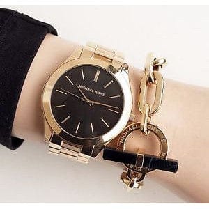 Michael Kors Runway Black Dial Gold Steel Strap Watch for Women - MK3478