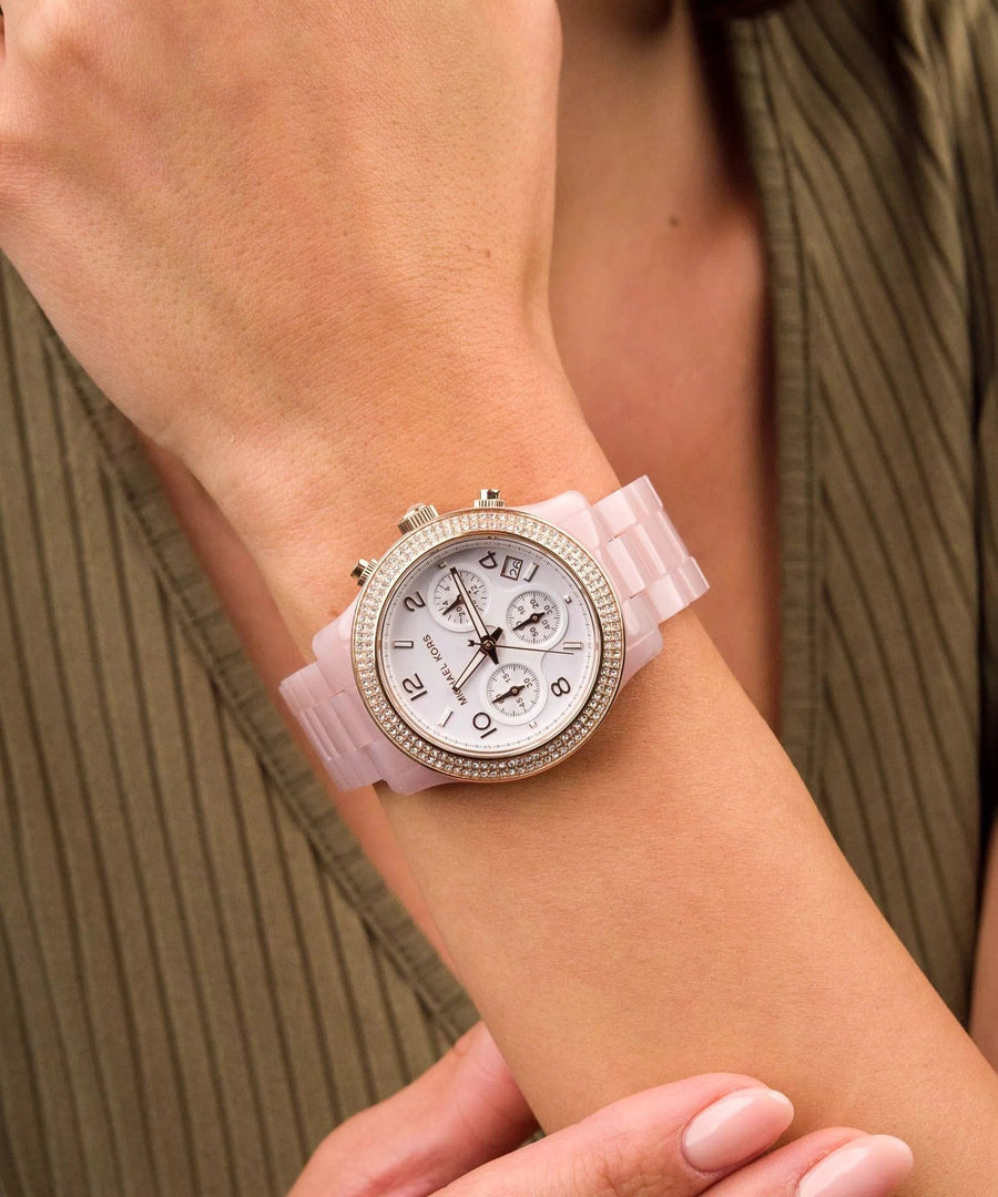 Michael Kors Runway Chronograph White Dial Pink Steel Strap Watch for Women - MK7424