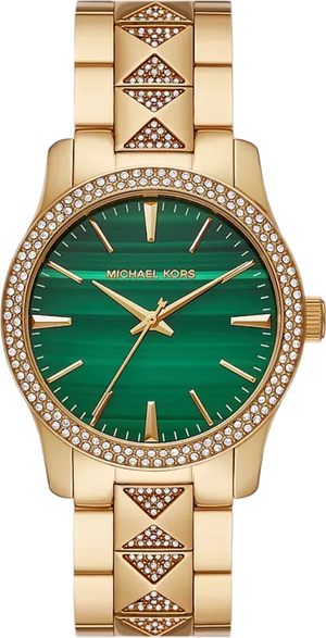 Michael Kors Runway Three Hand Green Dial Gold Steel Strap Watch For Women - MK7390