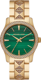 Michael Kors Runway Three Hand Green Dial Gold Steel Strap Watch For Women - MK7390