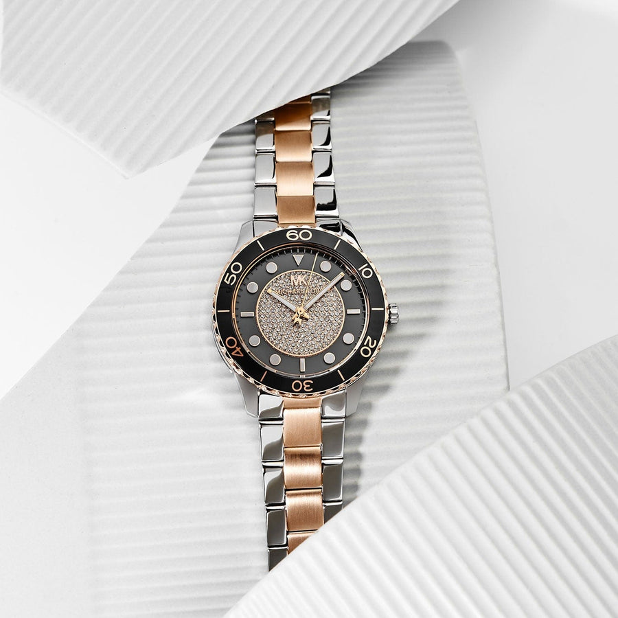 Michael Kors Runway Quartz Black Dial Two Tone Steel Strap Watch For Women - MK6960