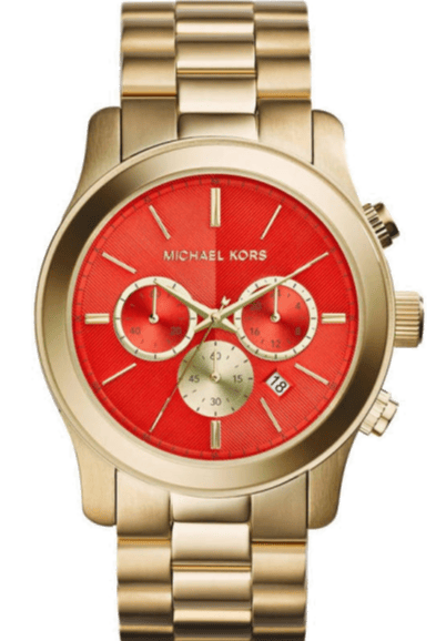 Michael Kors Runway Quartz Orange Dial Gold Steel Strap Watch For Women - MK5930