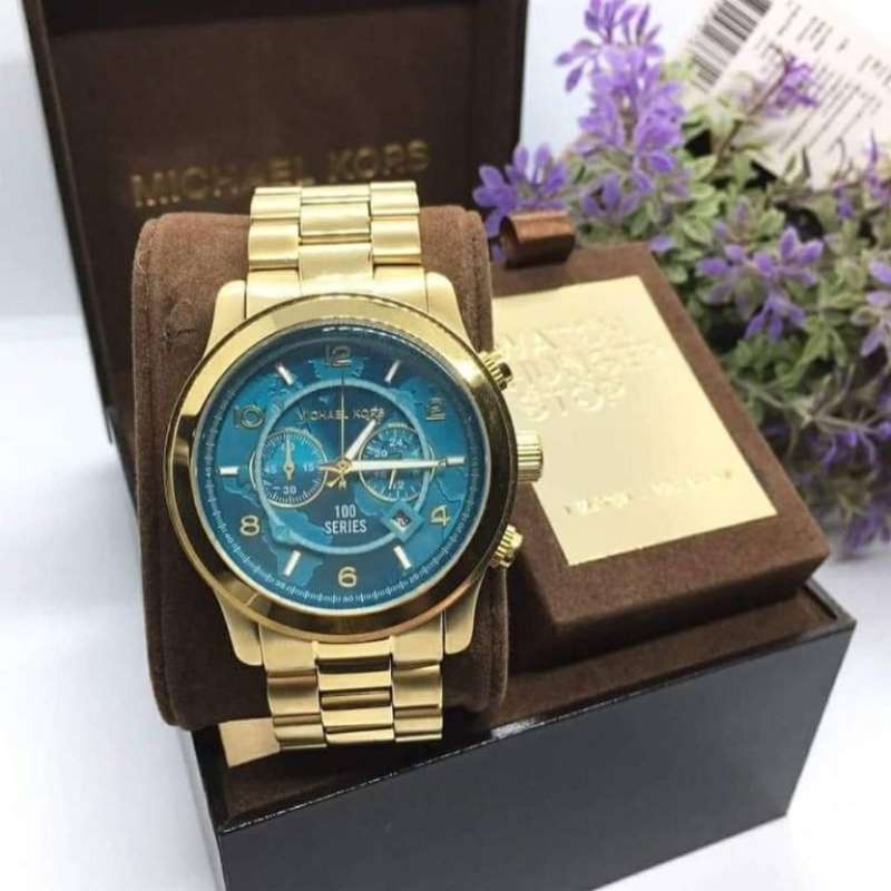 Michael Kors Runway Stop Hunger Blue Dial Gold Steel Strap Watch for Men - MK8315