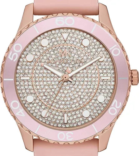 Michael Kors Runway Three Hand Crystal Pave Dial Pink Rubber Strap Watch For Women - MK6854