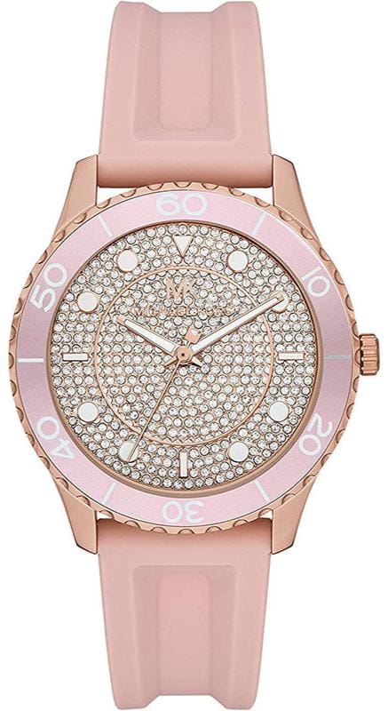 Michael Kors Runway Three Hand Crystal Pave Dial Pink Rubber Strap Watch For Women - MK6854