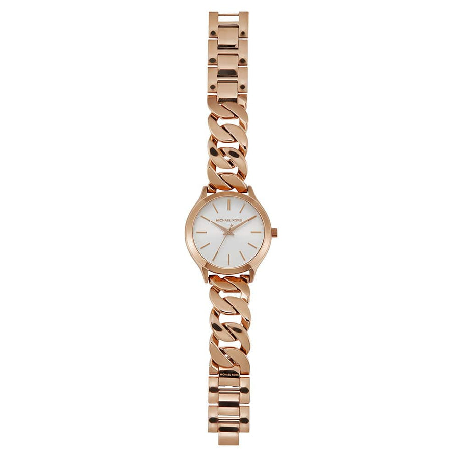 Michael Kors Runway Three-Hand Silver Dial Rose Gold Steel Strap Watch for Women - MK7473