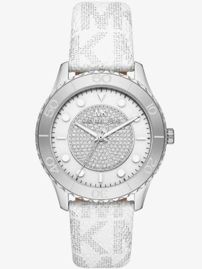 Michael Kors Runway Three Hand White Dial White Leather Strap Watch For Women - MK6998