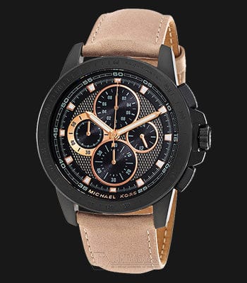 Michael Kors Ryker Chronograph Black Dial Beige Leather Strap Watch For Men - MK8520