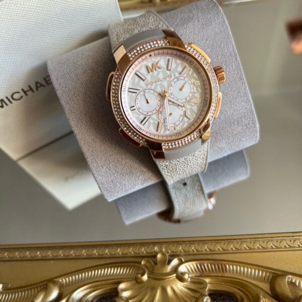 Michael Kors Sidney Chronograph White Dial Beige Leather Strap Watch For Women - MK6949