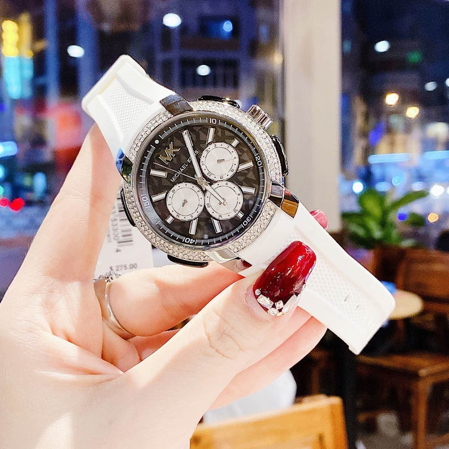 Michael Kors Sidney Multifunction Black Dial White Silicone Strap Watch For Women - MK6947