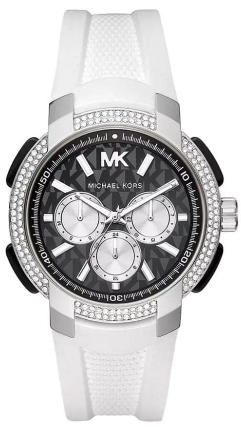 Michael Kors Sidney Multifunction Black Dial White Silicone Strap Watch For Women - MK6947