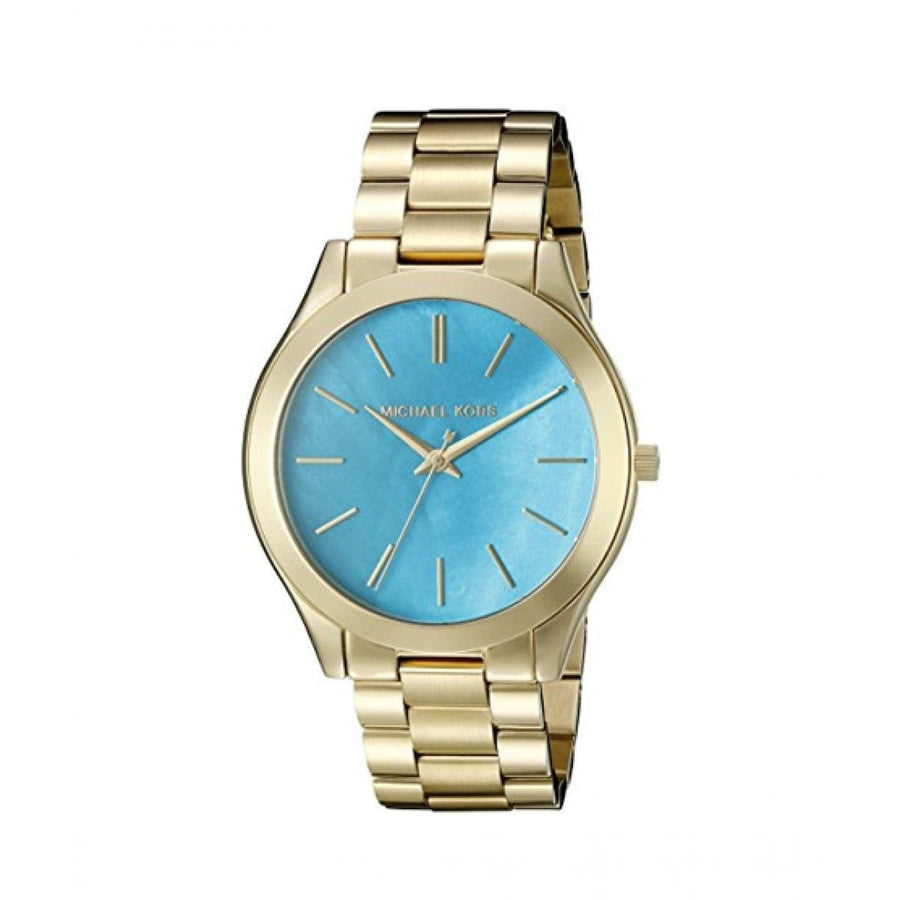 Michael Kors Slim Runway Blue Mother of Pearl Dial Gold Steel Strap Watch for Women - MK3492