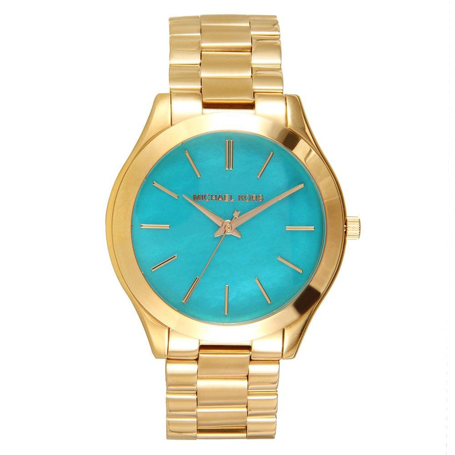 Michael Kors Slim Runway Blue Mother of Pearl Dial Gold Steel Strap Watch for Women - MK3492