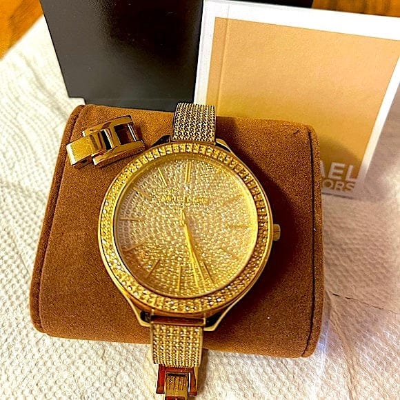 Michael Kors Slim Runway Crystals Gold Dial Gold Steel Strap Watch for Women - MK3632